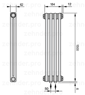 Схема (чертеж) Радиатор Zehnder Charleston 2150/4 №5410 Белый глянцевый RAL 9016
